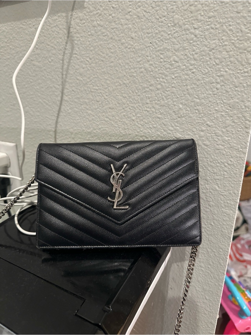 Saint Laurent Black Chevron Quilted Leather Crossbody with Silver Hardware